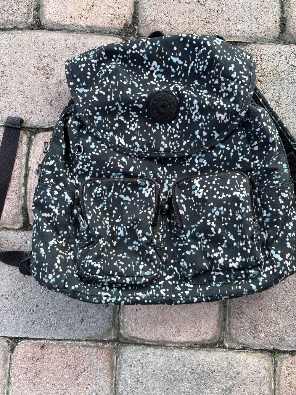 Kipling Black Backpack with White and Light Blue Speckle Print